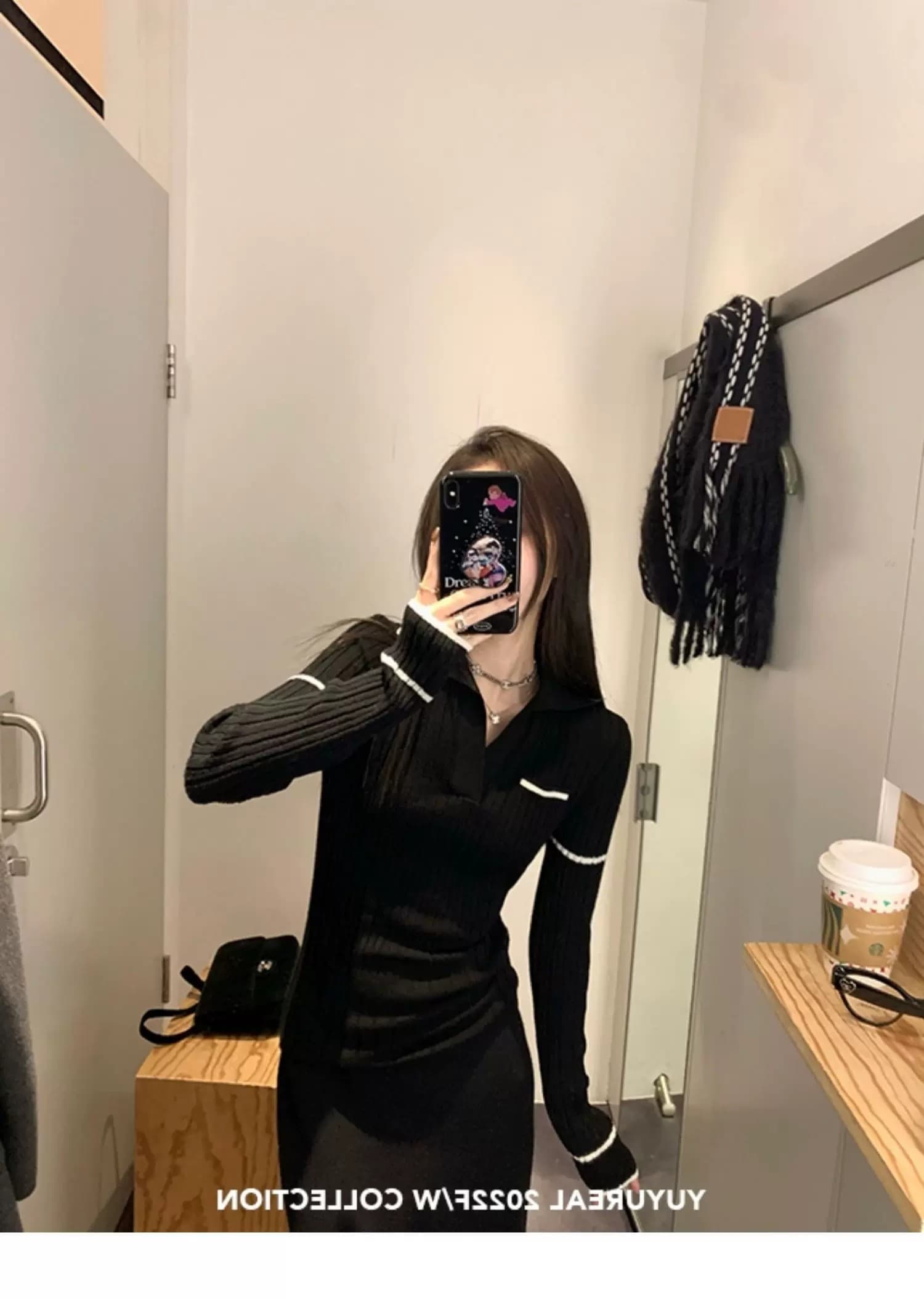 화이트 POLO 칼라 니트 기본 셔츠 여성 가을 겨울 긴팔 맨위 레트로 배색 작은 샤넬 스타일 인사이드 가져 가라. 몸매 가꾸기 스웨터 상세 이미지 22