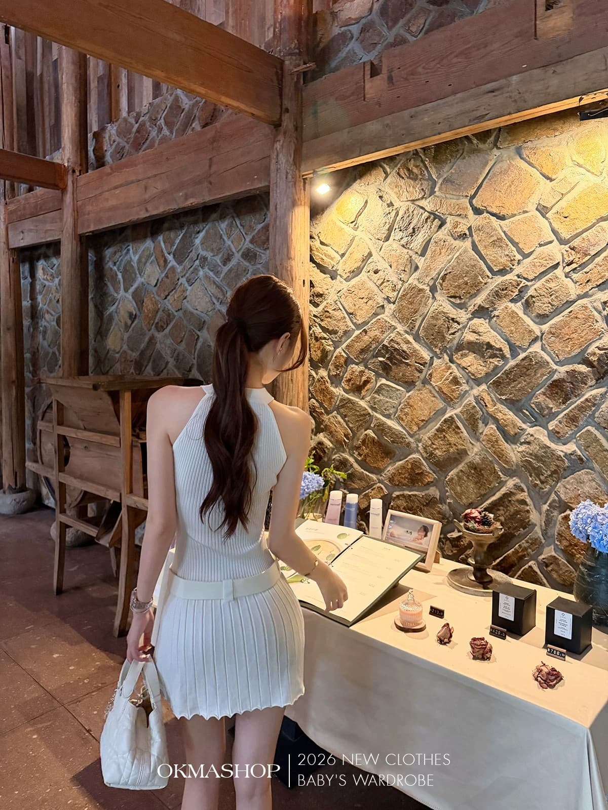 화이트 제직 조용한 시리아 니트 행침 목 여성 드레스 여름 섹시함 오프숄더 플리츠 스커트 허리 수축 치마 상세 이미지 18