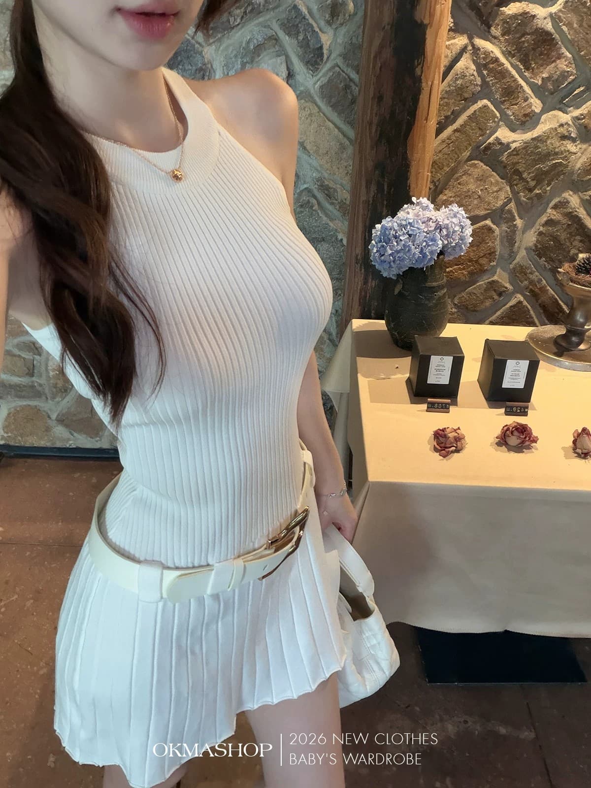 화이트 제직 조용한 시리아 니트 행침 목 여성 드레스 여름 섹시함 오프숄더 플리츠 스커트 허리 수축 치마 상세 이미지 20