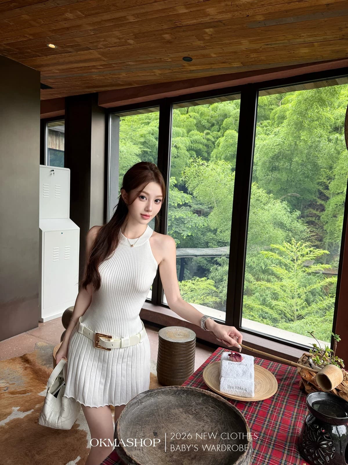 화이트 제직 조용한 시리아 니트 행침 목 여성 드레스 여름 섹시함 오프숄더 플리츠 스커트 허리 수축 치마 상세 이미지 26