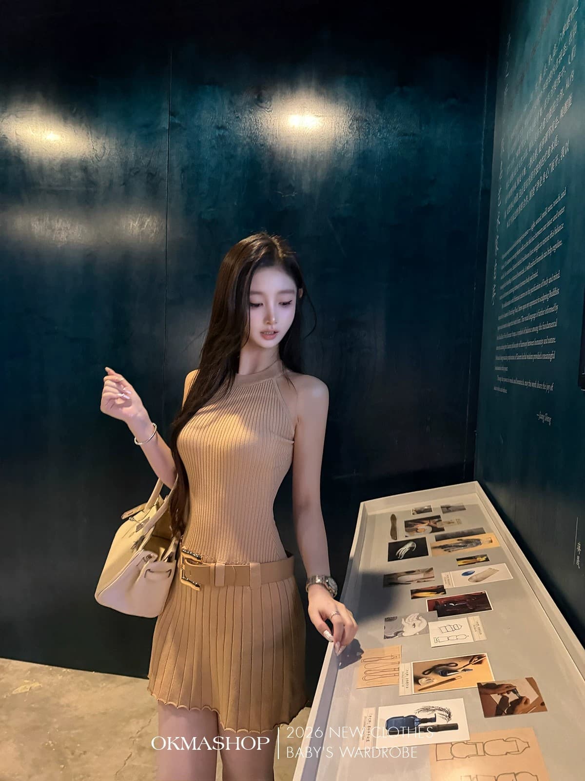 화이트 제직 조용한 시리아 니트 행침 목 여성 드레스 여름 섹시함 오프숄더 플리츠 스커트 허리 수축 치마 상세 이미지 31