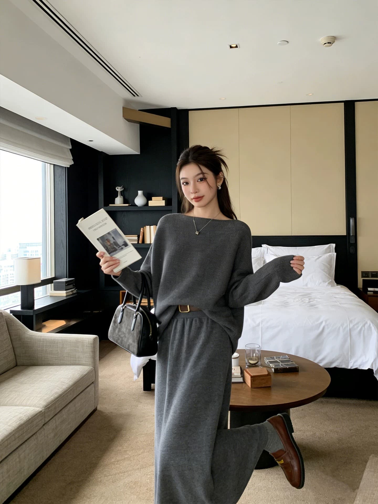 한 부서 세련된 세트 니트 스웨터 벨트 포함 반 스커트 가을 품격 슬림해 보이는 고급 느슨함 센스 패션 세트 상세 이미지 9