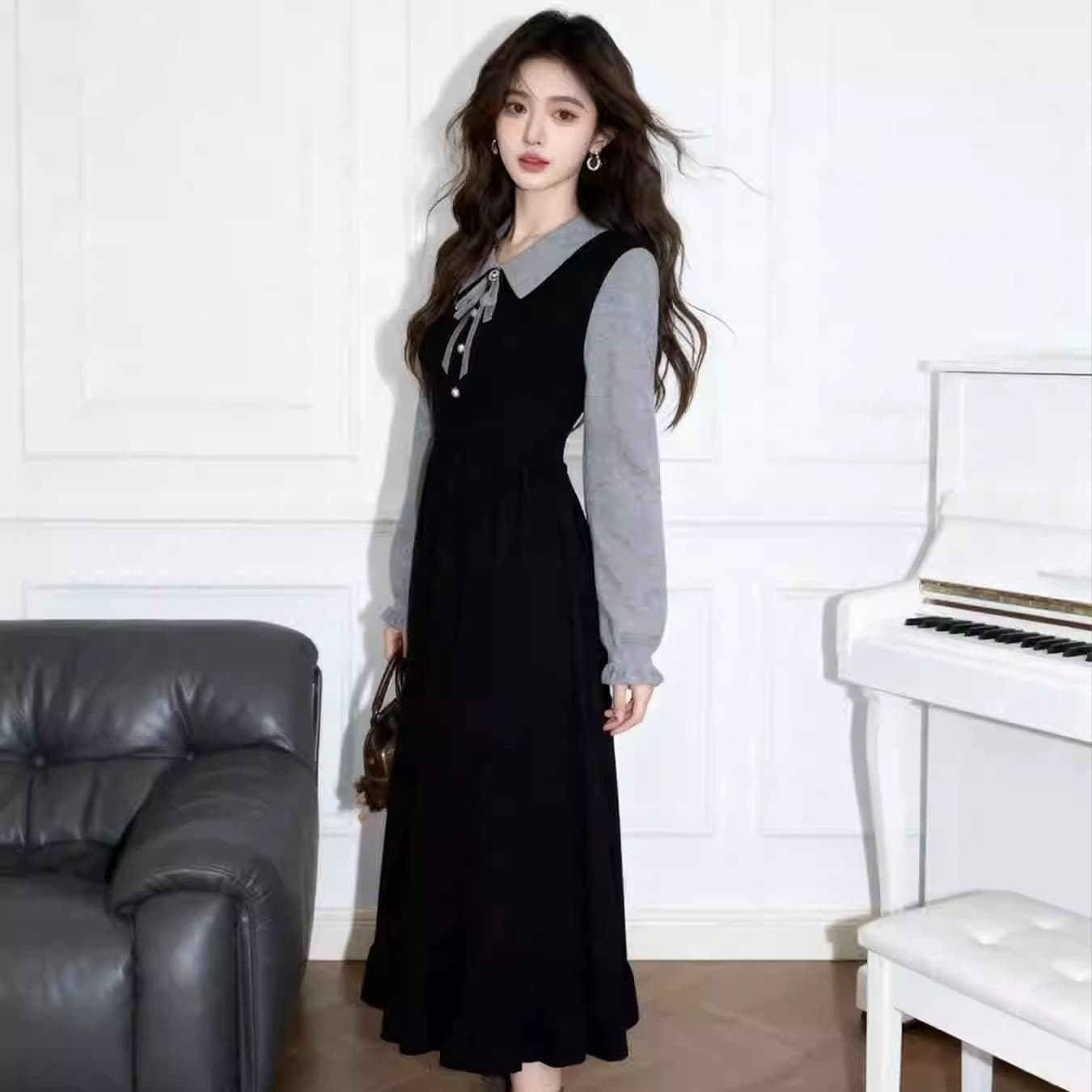 부유 한 가족 천 골드 miu 부서 착용 가져 가라. 학원 스타일 페이크 레이어드 패치워크 칼라 드레스 특별 아름다운 꼬집기 허리 작은 치마 이미지 2