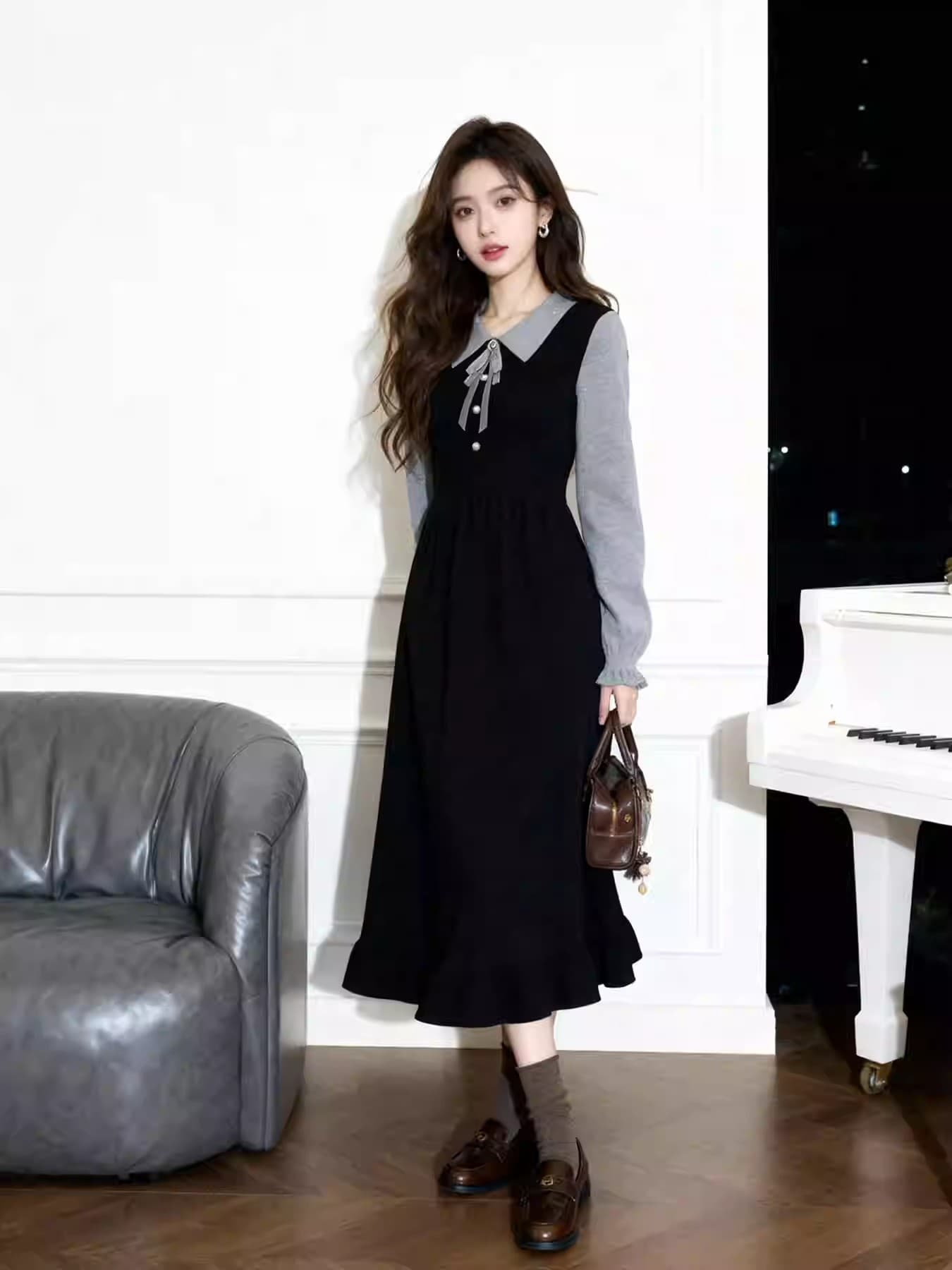 부유 한 가족 천 골드 miu 부서 착용 가져 가라. 학원 스타일 페이크 레이어드 패치워크 칼라 드레스 특별 아름다운 꼬집기 허리 작은 치마 이미지 4