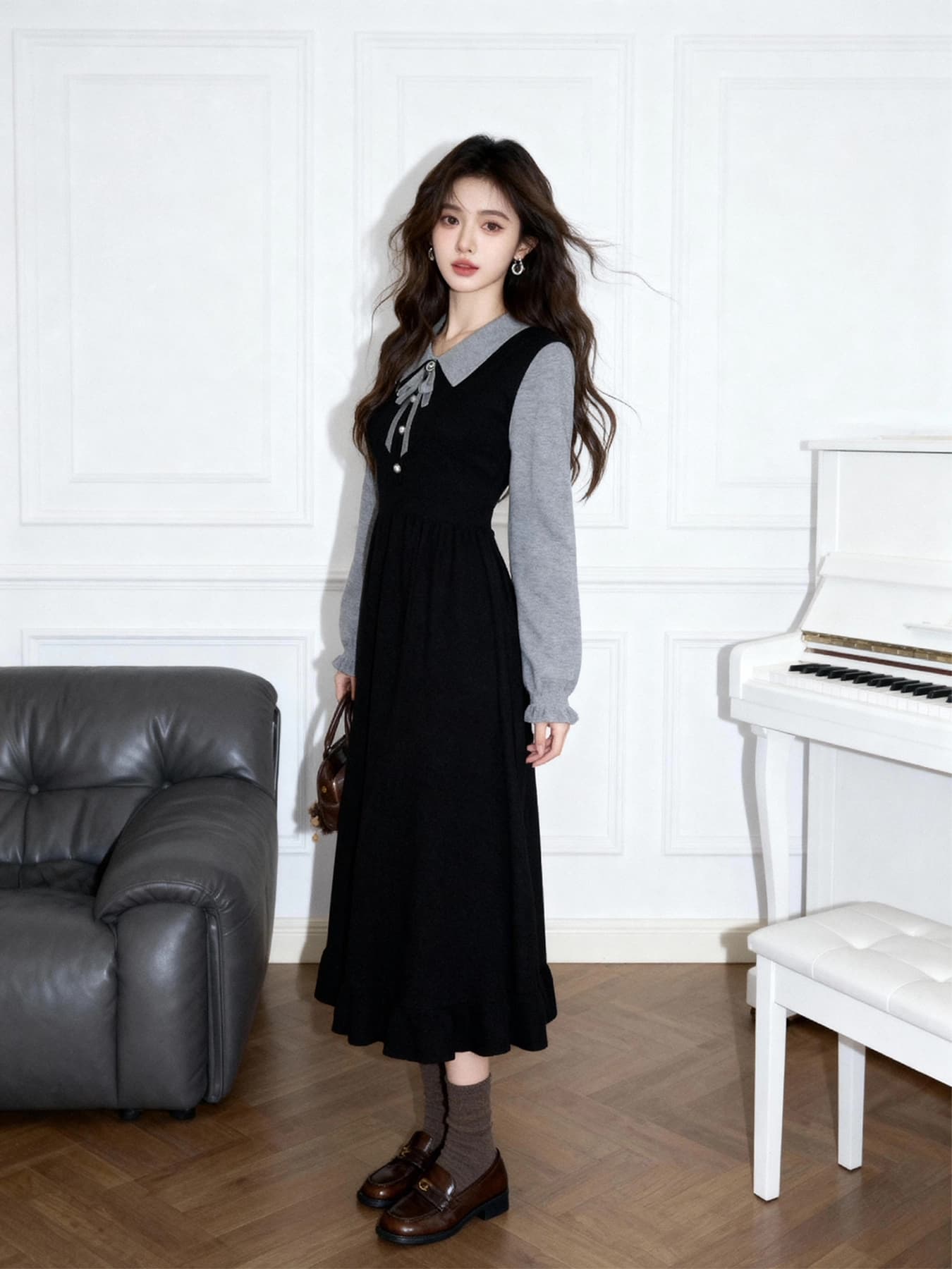 부유 한 가족 천 골드 miu 부서 착용 가져 가라. 학원 스타일 페이크 레이어드 패치워크 칼라 드레스 특별 아름다운 꼬집기 허리 작은 치마 상세 이미지 1