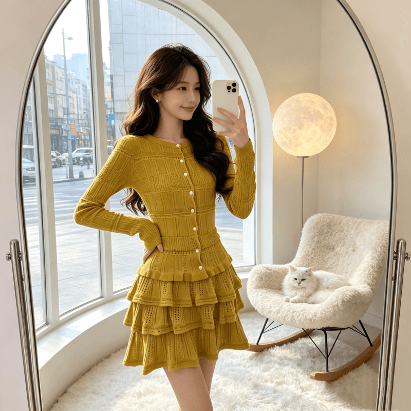 2026 년 한 부서 작은 샤넬 스타일 긴팔 오픈 가디건 여성 한 마디 레이스 케이크 미니 스커트 자이언트 잘 생긴 이른 가을 니트 세트 이미지 2