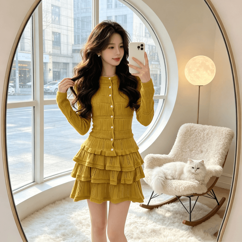 2026 년 한 부서 작은 샤넬 스타일 긴팔 오픈 가디건 여성 한 마디 레이스 케이크 미니 스커트 자이언트 잘 생긴 이른 가을 니트 세트 이미지 3