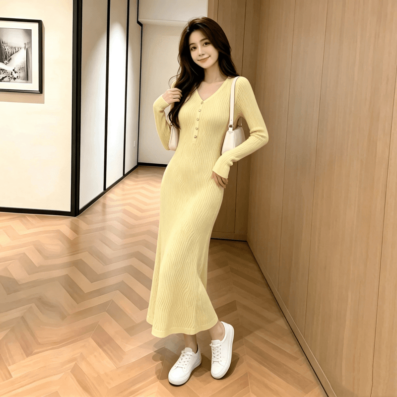 황색 긴팔 니트 드레스 가을과 겨울 품격 고유 한 슈퍼 잘 생긴 부드러운 프랑스식 롱 코트 인사이드 가져 가라. 스웨터 드레스 이미지 2