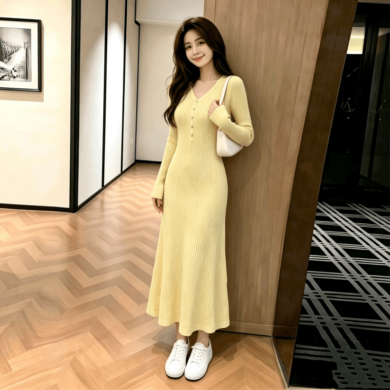황색 긴팔 니트 드레스 가을과 겨울 품격 고유 한 슈퍼 잘 생긴 부드러운 프랑스식 롱 코트 인사이드 가져 가라. 스웨터 드레스 이미지 5