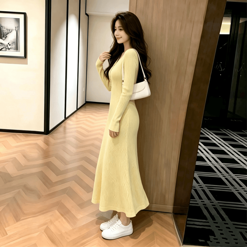 황색 긴팔 니트 드레스 가을과 겨울 품격 고유 한 슈퍼 잘 생긴 부드러운 프랑스식 롱 코트 인사이드 가져 가라. 스웨터 드레스 이미지 4