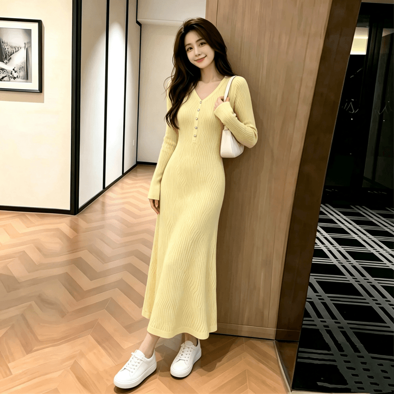 황색 긴팔 니트 드레스 가을과 겨울 품격 고유 한 슈퍼 잘 생긴 부드러운 프랑스식 롱 코트 인사이드 가져 가라. 스웨터 드레스 상세 이미지 5