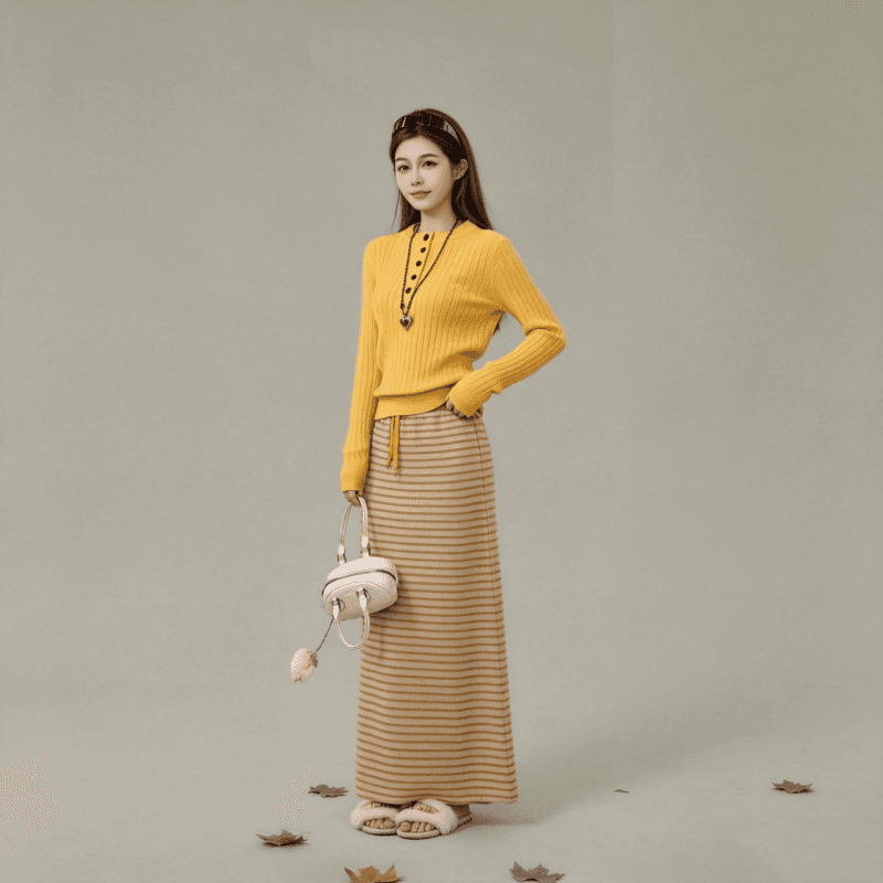 한 부서 전체 집합 착용 가져 가라. 부드러운 바람 레트로 황색 맨위 반신 스커트 투피스 슈트 2026 가을 섹션 세트 상세 이미지 2