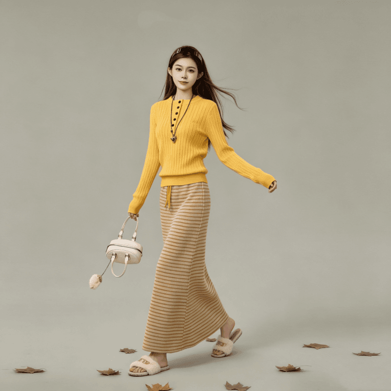 한 부서 전체 집합 착용 가져 가라. 부드러운 바람 레트로 황색 맨위 반신 스커트 투피스 슈트 2026 가을 섹션 세트 상세 이미지 3
