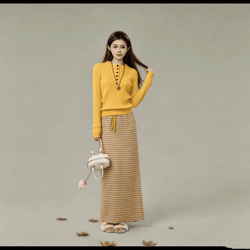 한 부서 전체 집합 착용 가져 가라. 부드러운 바람 레트로 황색 맨위 반신 스커트 투피스 슈트 2026 가을 섹션 세트 상세 이미지 6