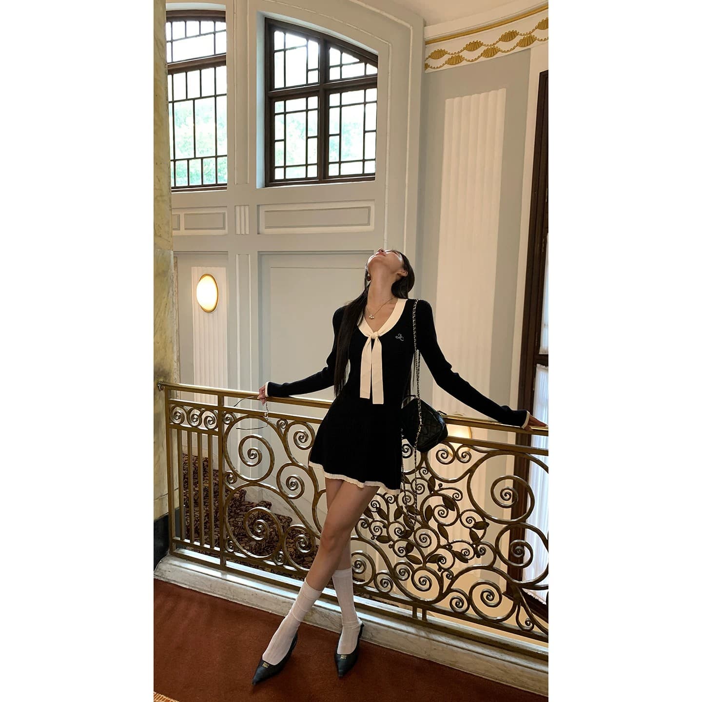 레드 맨 큐레이터 소매 여성 드레스 가을 자이언트 잘 생긴 ~ 중 프랑스식 검정색 관대 한 점잖은 아름다운 페이크 레이어드 치마 이미지 4