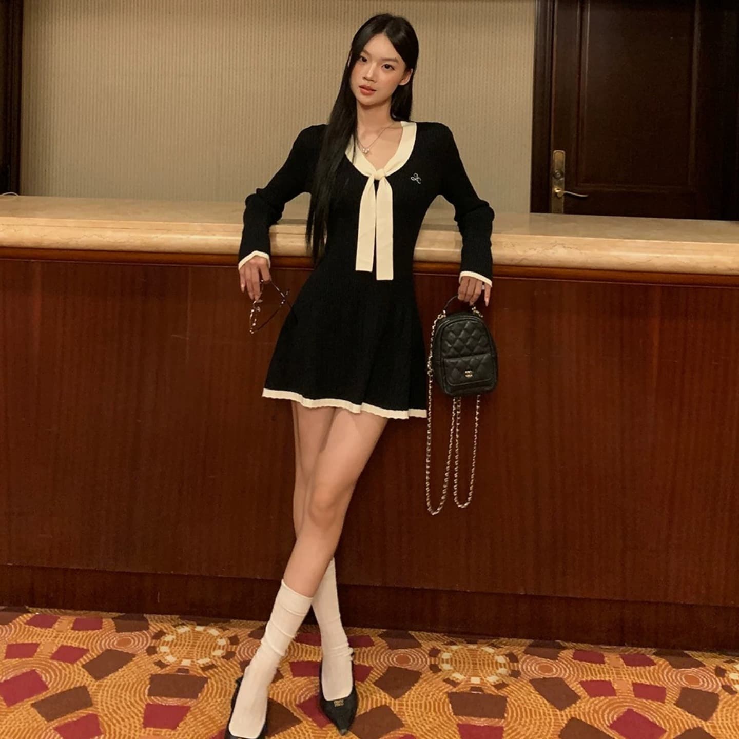 레드 맨 큐레이터 소매 여성 드레스 가을 자이언트 잘 생긴 ~ 중 프랑스식 검정색 관대 한 점잖은 아름다운 페이크 레이어드 치마