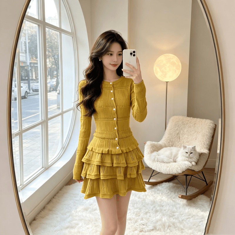 2026 년 한 부서 작은 샤넬 스타일 긴팔 오픈 가디건 여성 한 마디 레이스 케이크 미니 스커트 자이언트 잘 생긴 이른 가을 니트 세트 상세 이미지 1