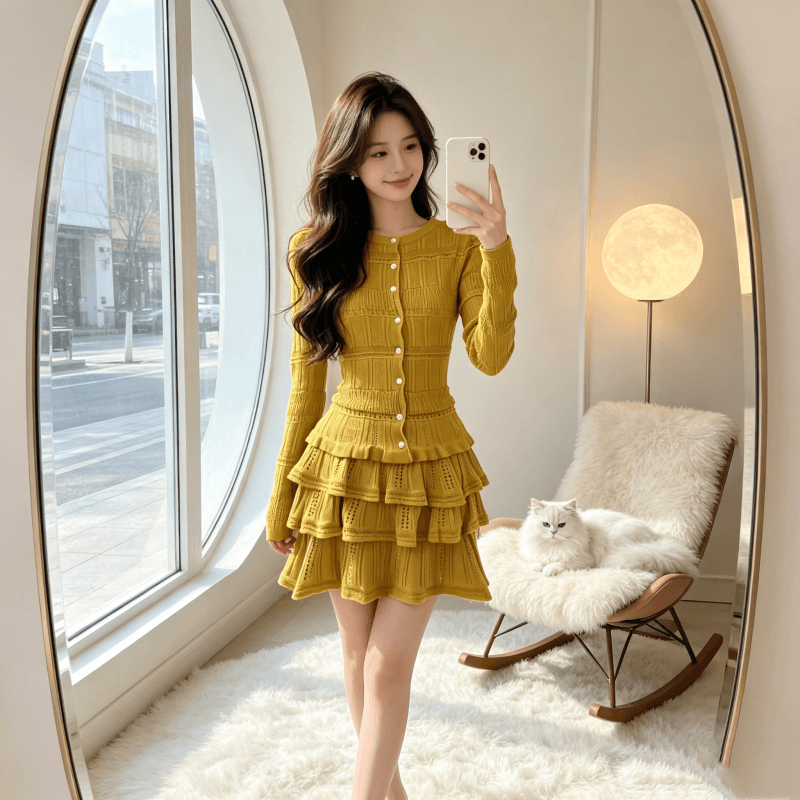 2026 년 한 부서 작은 샤넬 스타일 긴팔 오픈 가디건 여성 한 마디 레이스 케이크 미니 스커트 자이언트 잘 생긴 이른 가을 니트 세트 상세 이미지 4