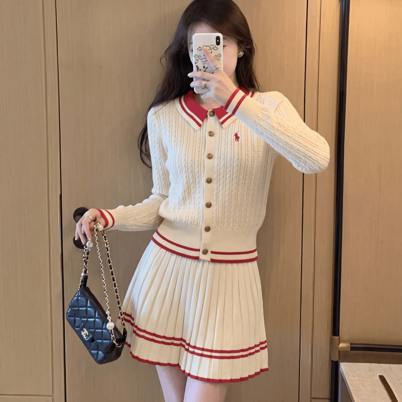 작은 샤넬 스타일 세트 여성 한 부서 회색 폴로 칼라 스트라이프 니트 오픈 가디건 플리츠 반신 스커트 가을 착용 가져 가라. 전체 집합