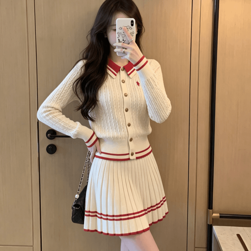 작은 샤넬 스타일 세트 여성 한 부서 회색 폴로 칼라 스트라이프 니트 오픈 가디건 플리츠 반신 스커트 가을 착용 가져 가라. 전체 집합 이미지 5