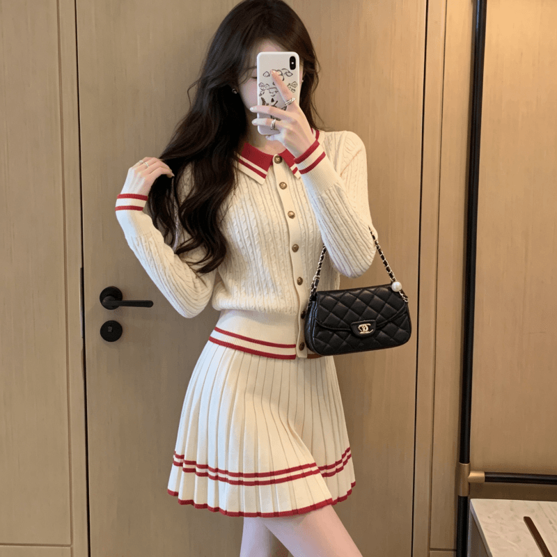 작은 샤넬 스타일 세트 여성 한 부서 회색 폴로 칼라 스트라이프 니트 오픈 가디건 플리츠 반신 스커트 가을 착용 가져 가라. 전체 집합 상세 이미지 2