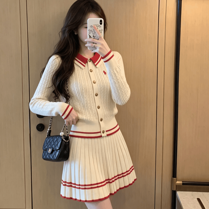 작은 샤넬 스타일 세트 여성 한 부서 회색 폴로 칼라 스트라이프 니트 오픈 가디건 플리츠 반신 스커트 가을 착용 가져 가라. 전체 집합 상세 이미지 3