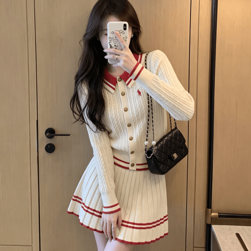 작은 샤넬 스타일 세트 여성 한 부서 회색 폴로 칼라 스트라이프 니트 오픈 가디건 플리츠 반신 스커트 가을 착용 가져 가라. 전체 집합 상세 이미지 5
