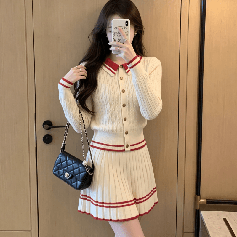 작은 샤넬 스타일 세트 여성 한 부서 회색 폴로 칼라 스트라이프 니트 오픈 가디건 플리츠 반신 스커트 가을 착용 가져 가라. 전체 집합 상세 이미지 6