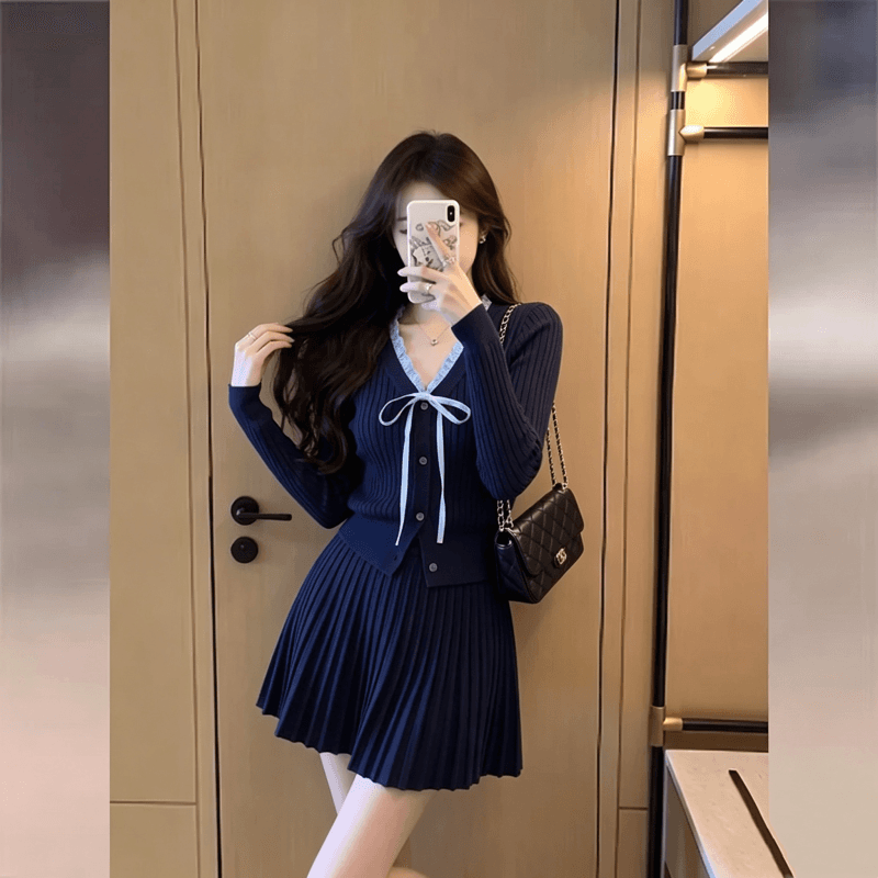 레드 맨 파빌리온 니트 세트 여성 가을 겨울철 부유 한 가족 천 골드 연령 감소 전체 집합 착용 가져 가라. 고급 센스 고유 한 투피스 세트 상세 이미지 2