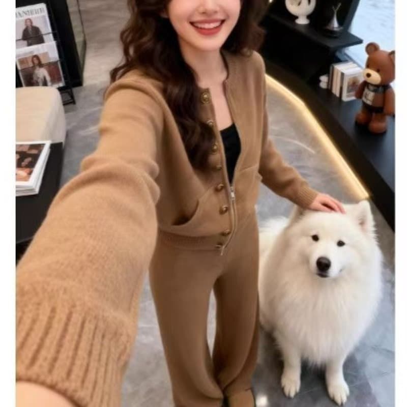 2026 가을 겨울 한 부서 레트로 패션 니트 스웨터 캐주얼 바지 투피스 슈트 품격 전체 집합 ootd 착용 가져 가라. 이미지 5