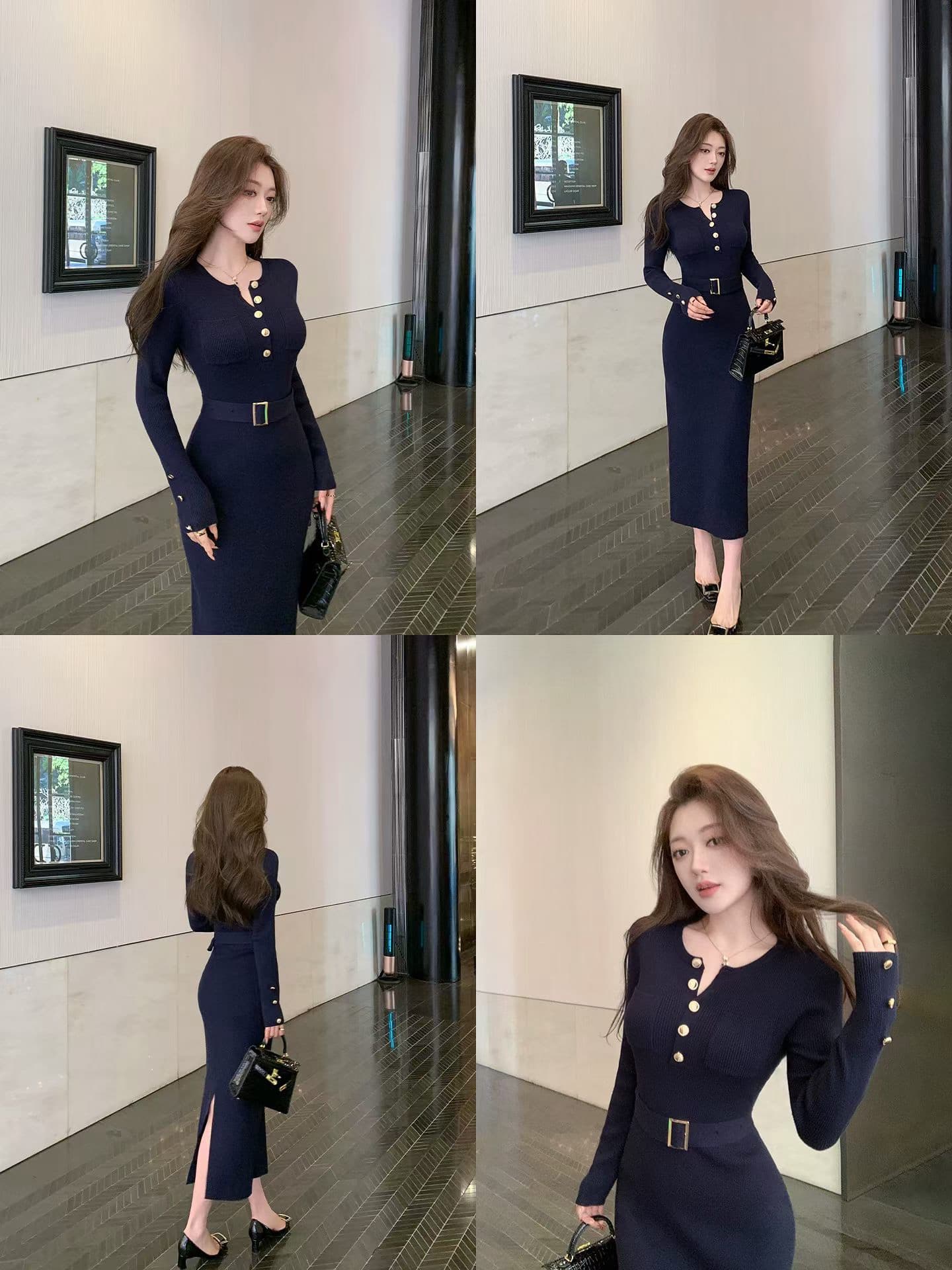 린 닫기 품격 로얄 자매 바람 니트 여성 드레스 벨트 허리 수축 몸매 가꾸기 슬림해 보이는 타이트 스커트 트임 길다 치마 이미지 4