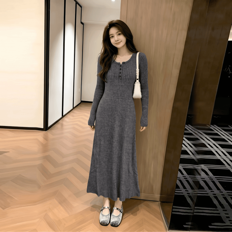 새로운 롱 스커트 몸매 가꾸기 슬림해 보이는 단색 느긋한 바람 가을 겨울 니트 허리 수축 여성 드레스 이리저리 떠다니다 번쩍였다 조각 치마