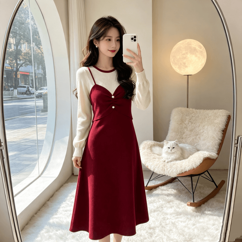 프랑스식 페이크 레이어드 니트 여성 드레스 2026 가을 겨울철 새로운 몸매 가꾸기 슬림해 보이는 연령 감소 긴팔 스웨터 치마 이미지 3