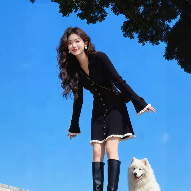 2026 년 프랑스식 그는 벤 바람 검정색 긴팔 니트 여성 드레스 가을 품격 허리 수축 아름다운 짧은 치마 상세 이미지 3