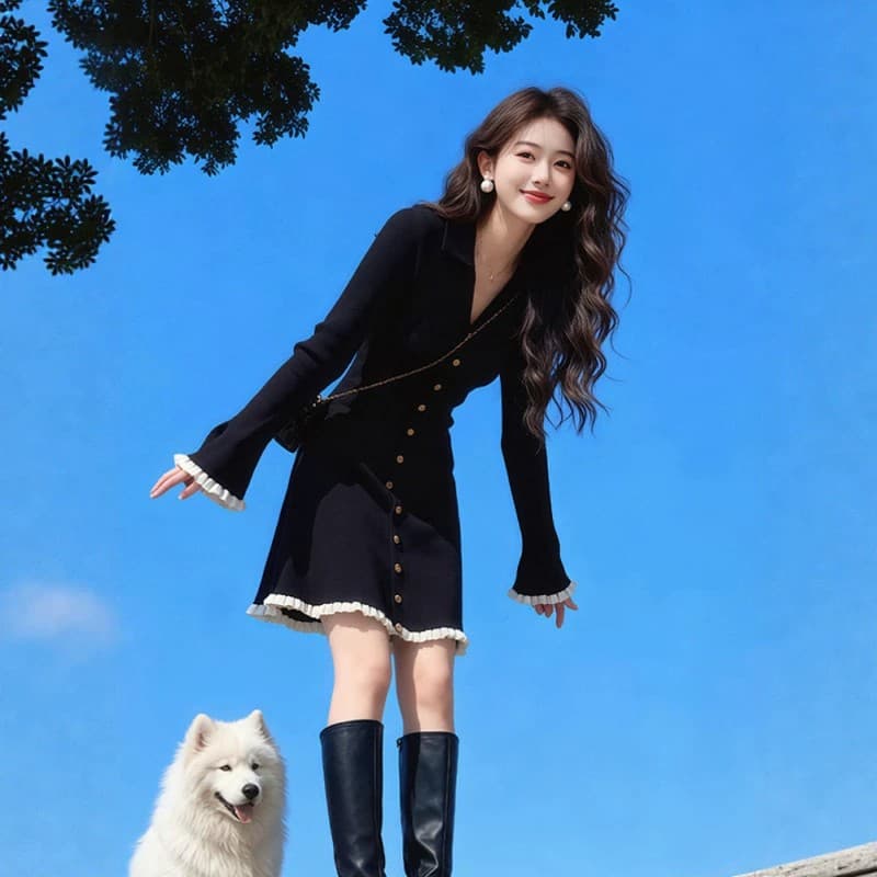 2026 년 프랑스식 그는 벤 바람 검정색 긴팔 니트 여성 드레스 가을 품격 허리 수축 아름다운 짧은 치마 상세 이미지 4