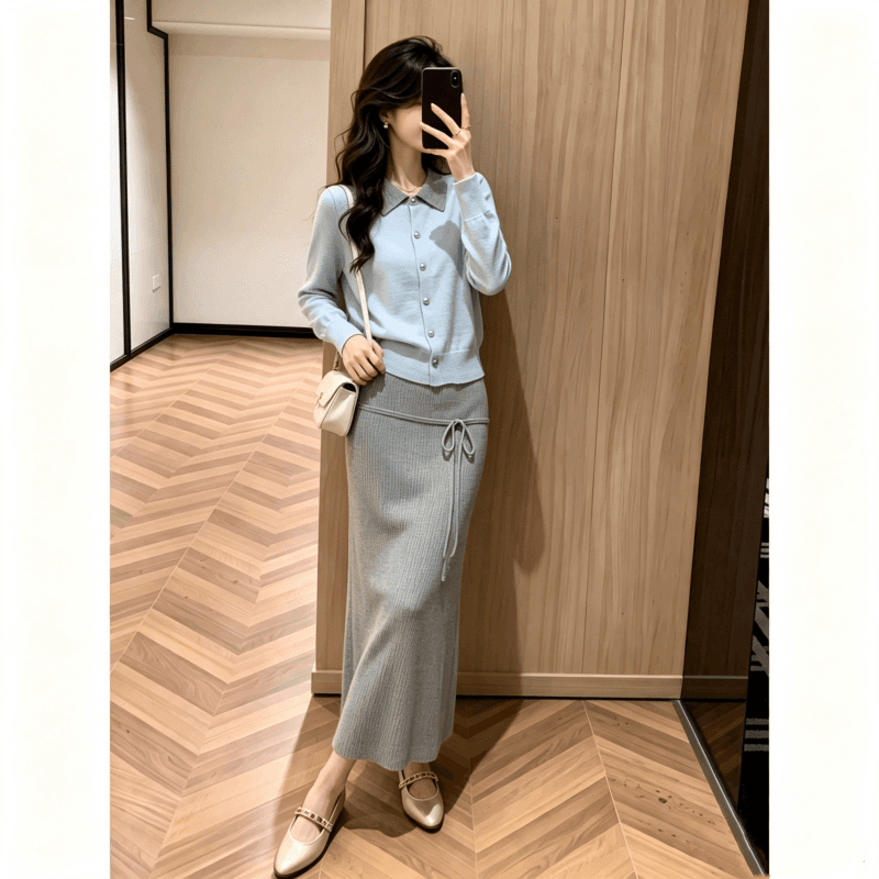 배색 페이크 레이어드 폴로 칼라 니트 오픈 가디건 여성 가을 겨울 2026 년 새로운 연령 감소 슬림해 보이는 품격 반신 치마 세트