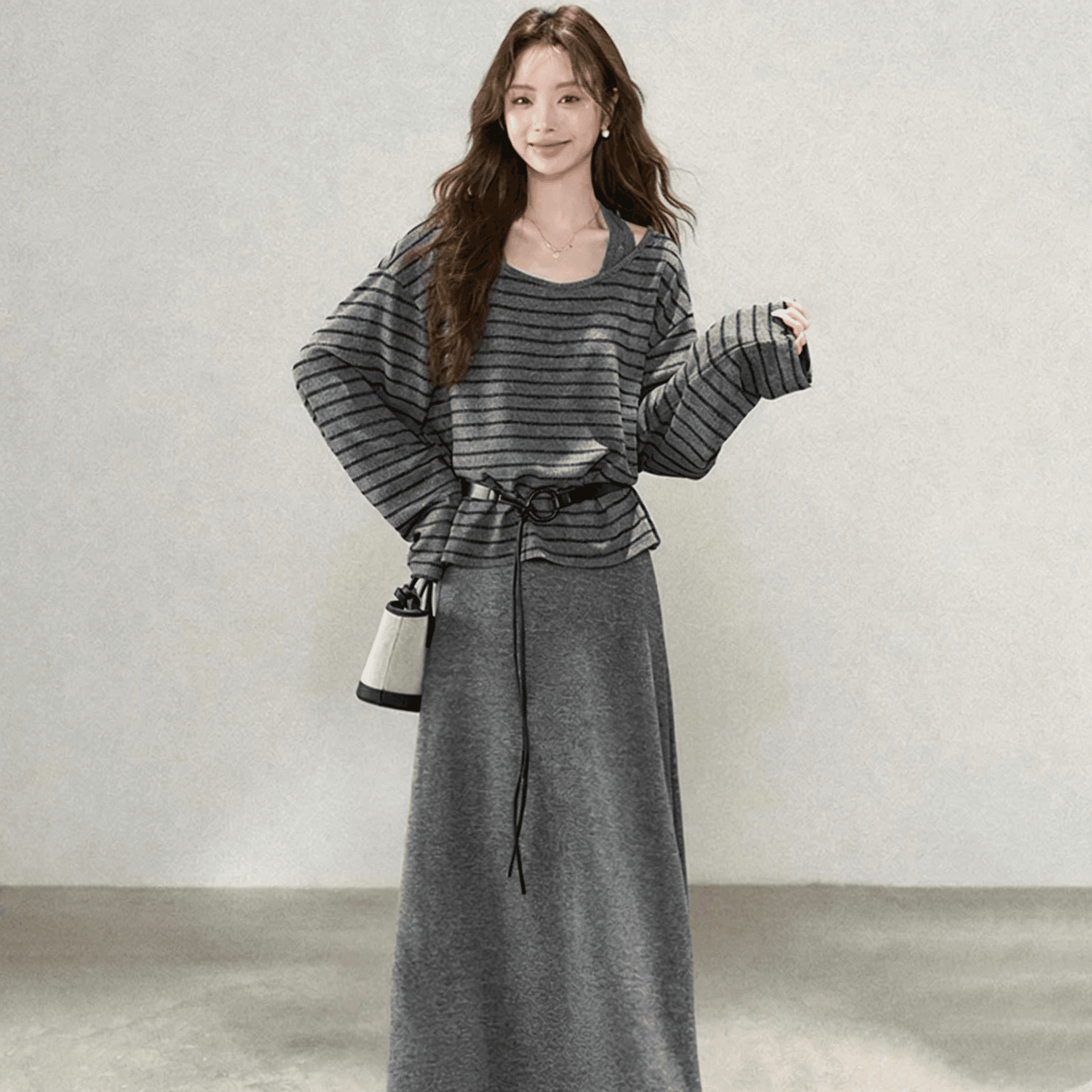 2026 년 한 부서 가을 얇은 스타일 착용 가져 가라. 고급 센스 레트로 스트라이프 긴팔 맨위 코디 조끼 여성 드레스