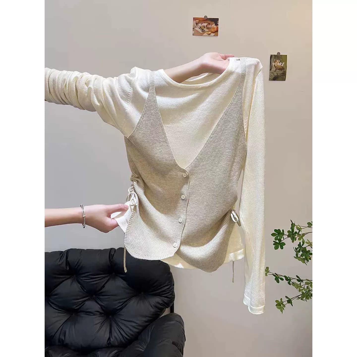 고유 한 아름다운 배색 페이크 레이어드 니트 인사이드 가져 가라. 기본 셔츠 펌프 로프 허리 수축 긴팔 아름다운 맨위 한 부서 chic 이미지 2