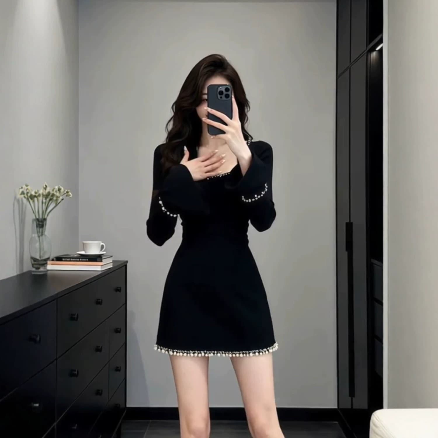 프랑스식 천 금빛 바람 검정색 광장 칼라 긴팔 여성 드레스 가을 겨울 패치워크 비즈 박기 허리 수축 슬림해 보이는 만나는 A라인 스커트 이미지 2