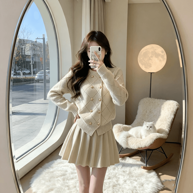 작은 샤넬 스타일 카키 색 니트 세트 여성 2026 새로운 겨울 착용 가져 가라. 전체 집합 맨위 반신 스커트 투피스 세트 이미지 3