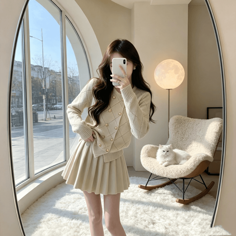 작은 샤넬 스타일 카키 색 니트 세트 여성 2026 새로운 겨울 착용 가져 가라. 전체 집합 맨위 반신 스커트 투피스 세트 상세 이미지 4