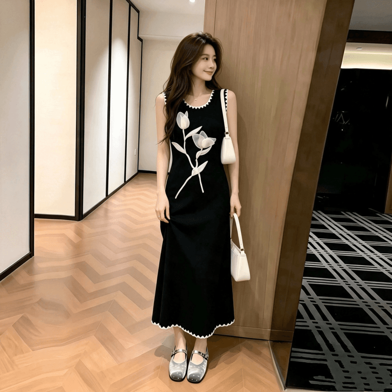 새로운 중식 국풍 검정색 민소매 여성 드레스 2026 년 여름 새로운 슬림해 보이는 꽃 롱 스커트 품격 치마 이미지 5