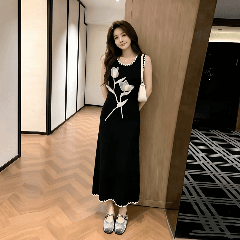 새로운 중식 국풍 검정색 민소매 여성 드레스 2026 년 여름 새로운 슬림해 보이는 꽃 롱 스커트 품격 치마 상세 이미지 1