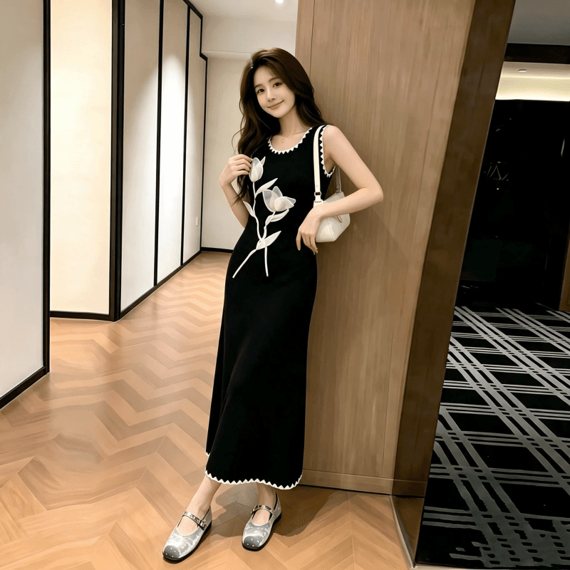 새로운 중식 국풍 검정색 민소매 여성 드레스 2026 년 여름 새로운 슬림해 보이는 꽃 롱 스커트 품격 치마 상세 이미지 2