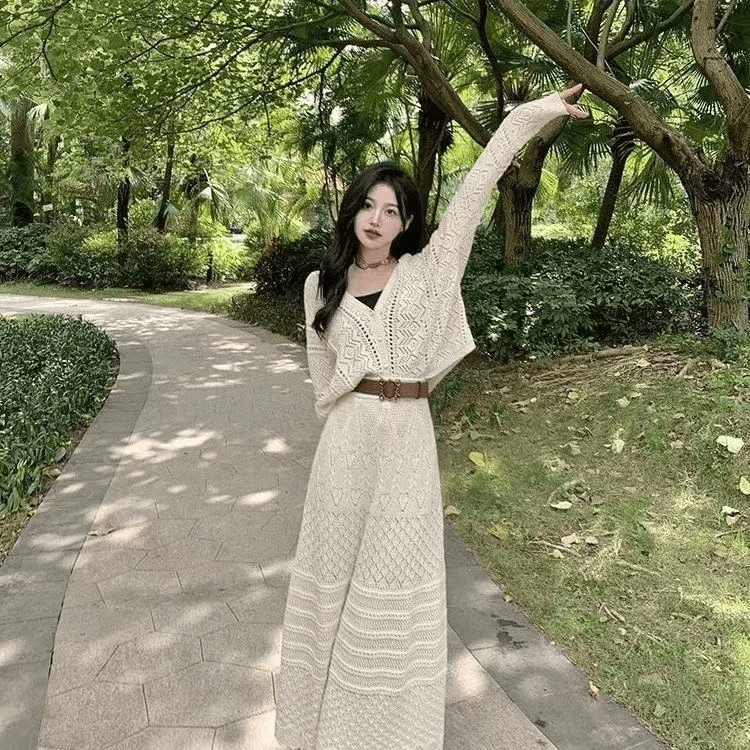 니트 차 부서 새로운 홀로우 아웃 고급 봄 가을 카디건 코트 반신 스커트 패션 두 조각 투피스 세트 세트 이미지 2