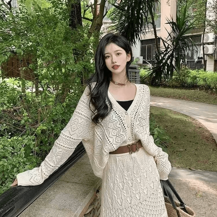 니트 차 부서 새로운 홀로우 아웃 고급 봄 가을 카디건 코트 반신 스커트 패션 두 조각 투피스 세트 세트 상세 이미지 5