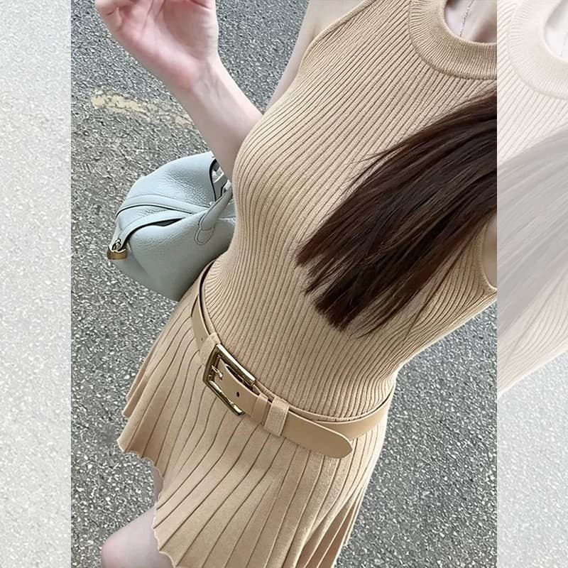 프랑스식 품격 카키 색 니트 민소매 조끼 여성 드레스 여름 작은 키 얼음 실크 쇼트 스타일 한 마디 미니 스커트 이미지 4