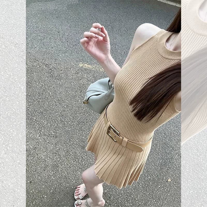 프랑스식 품격 카키 색 니트 민소매 조끼 여성 드레스 여름 작은 키 얼음 실크 쇼트 스타일 한 마디 미니 스커트 이미지 5