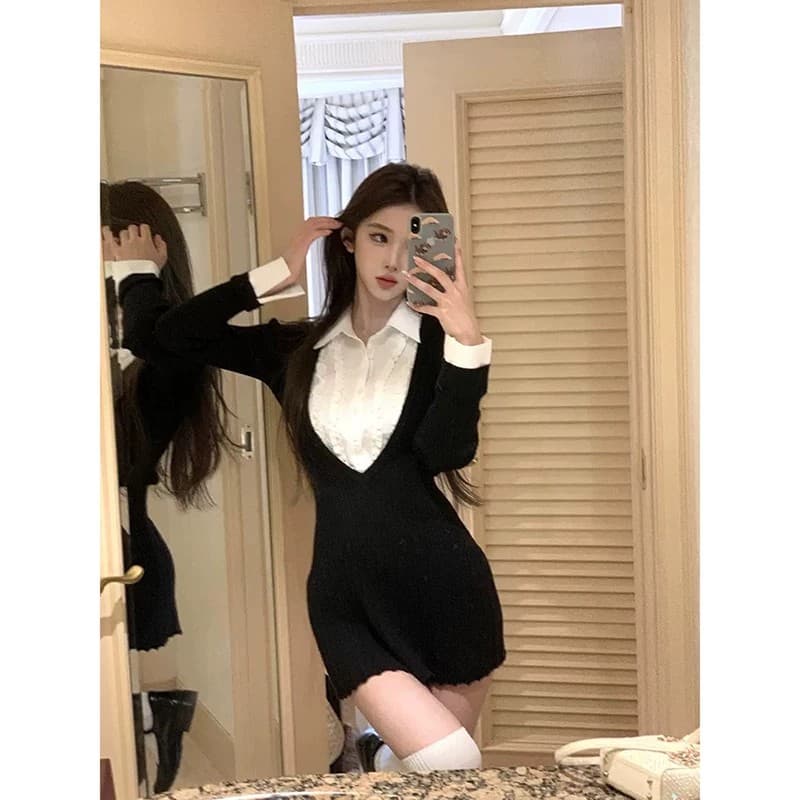 프랑스식 순수한 욕망 검정색 인사이드 가져 가라. 니트 드레스 아이들 페이크 레이어드 패치워크 셔츠 칼라 플리츠 미니 스커트 2026 가을 상세 이미지 1