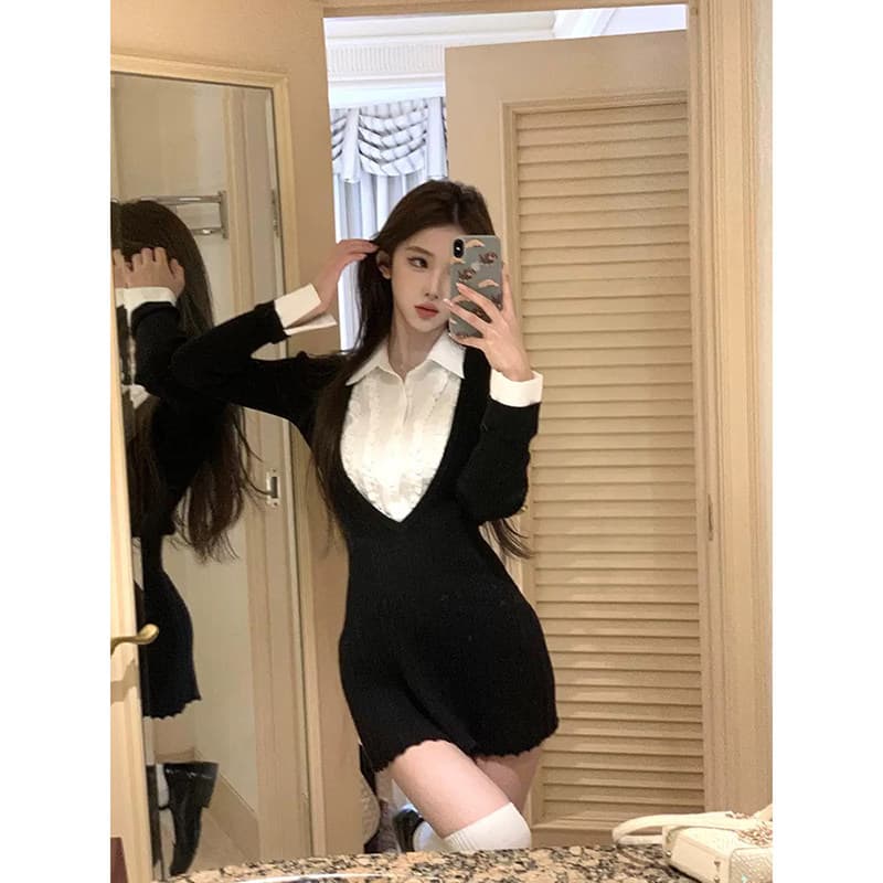 프랑스식 순수한 욕망 검정색 인사이드 가져 가라. 니트 드레스 아이들 페이크 레이어드 패치워크 셔츠 칼라 플리츠 미니 스커트 2026 가을 상세 이미지 6